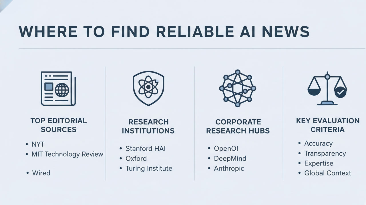 Where to Find Reliable AI News" with the sections and design you requested