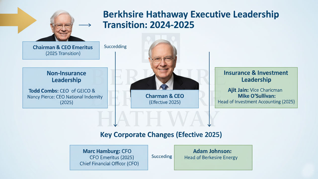 Leadership hierarchy chart, names and roles, effective dates, color-coded sectors