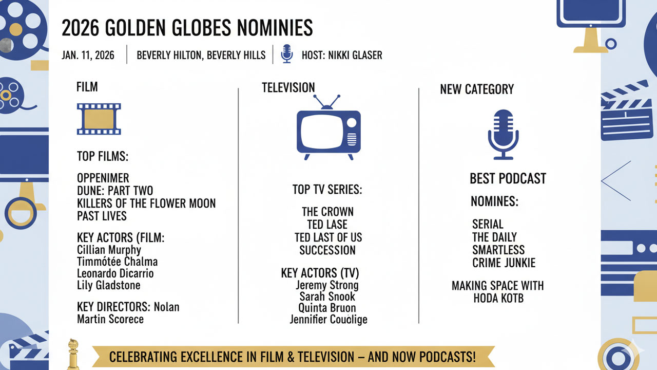 top film and TV titles, key actors, directors, and the new Best Podcast category