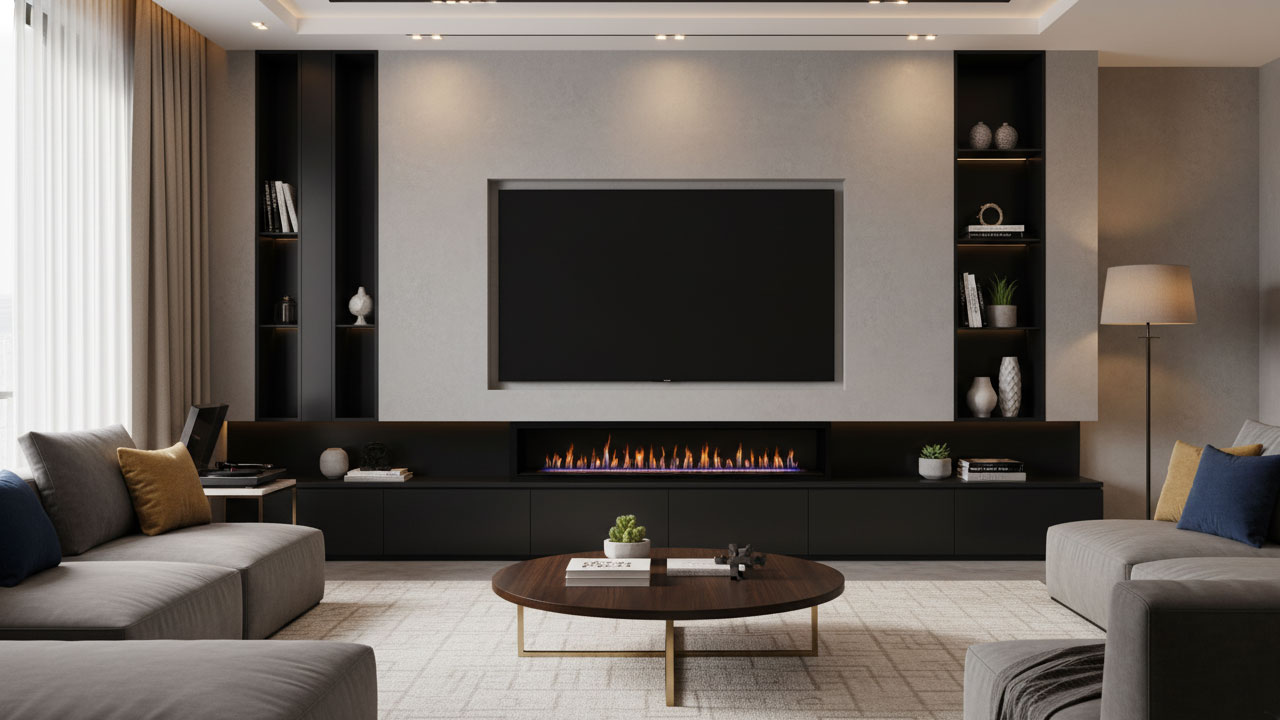 Visualize a modern living room with a stylish entertainment center with fireplace