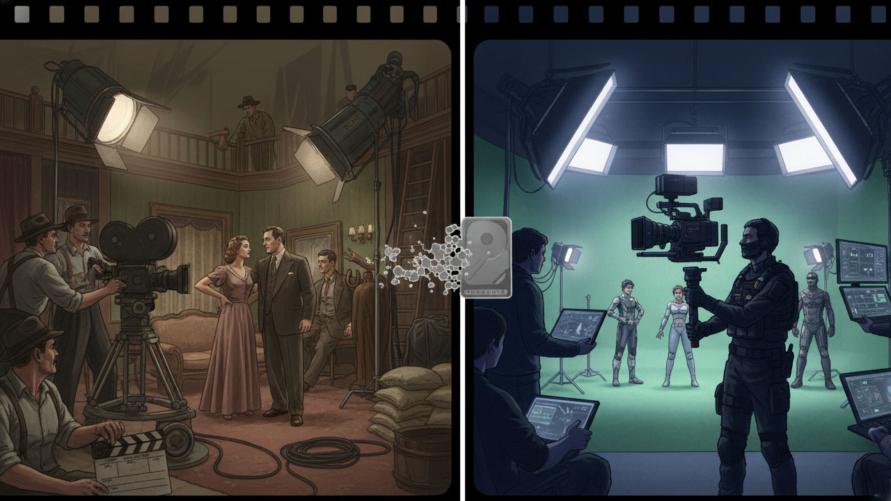 A split-frame editorial illustration showing the evolution of Hollywood filmmaking