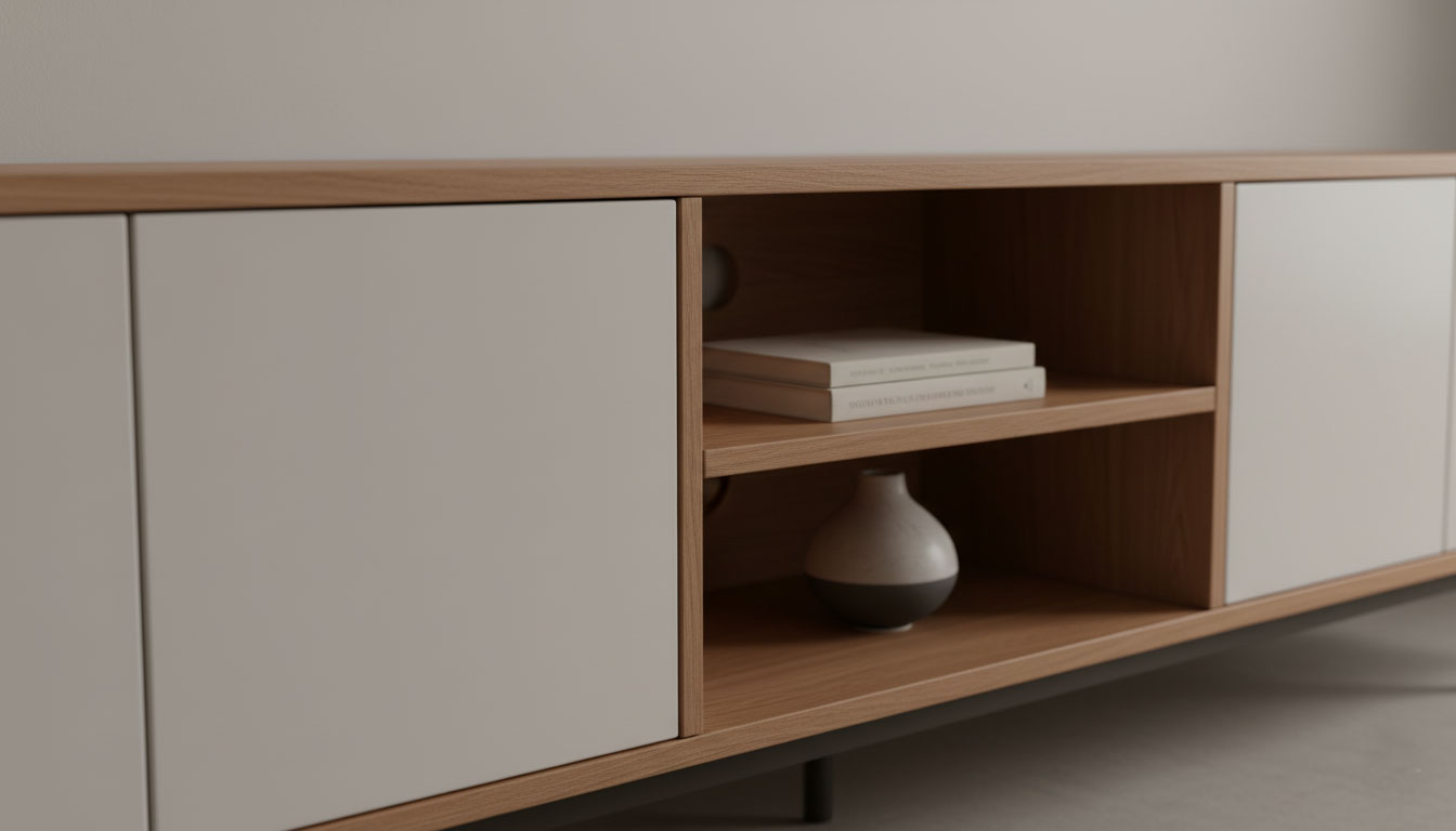 a contemporary entertainment center, highlighting material quality and modern craftsmanship