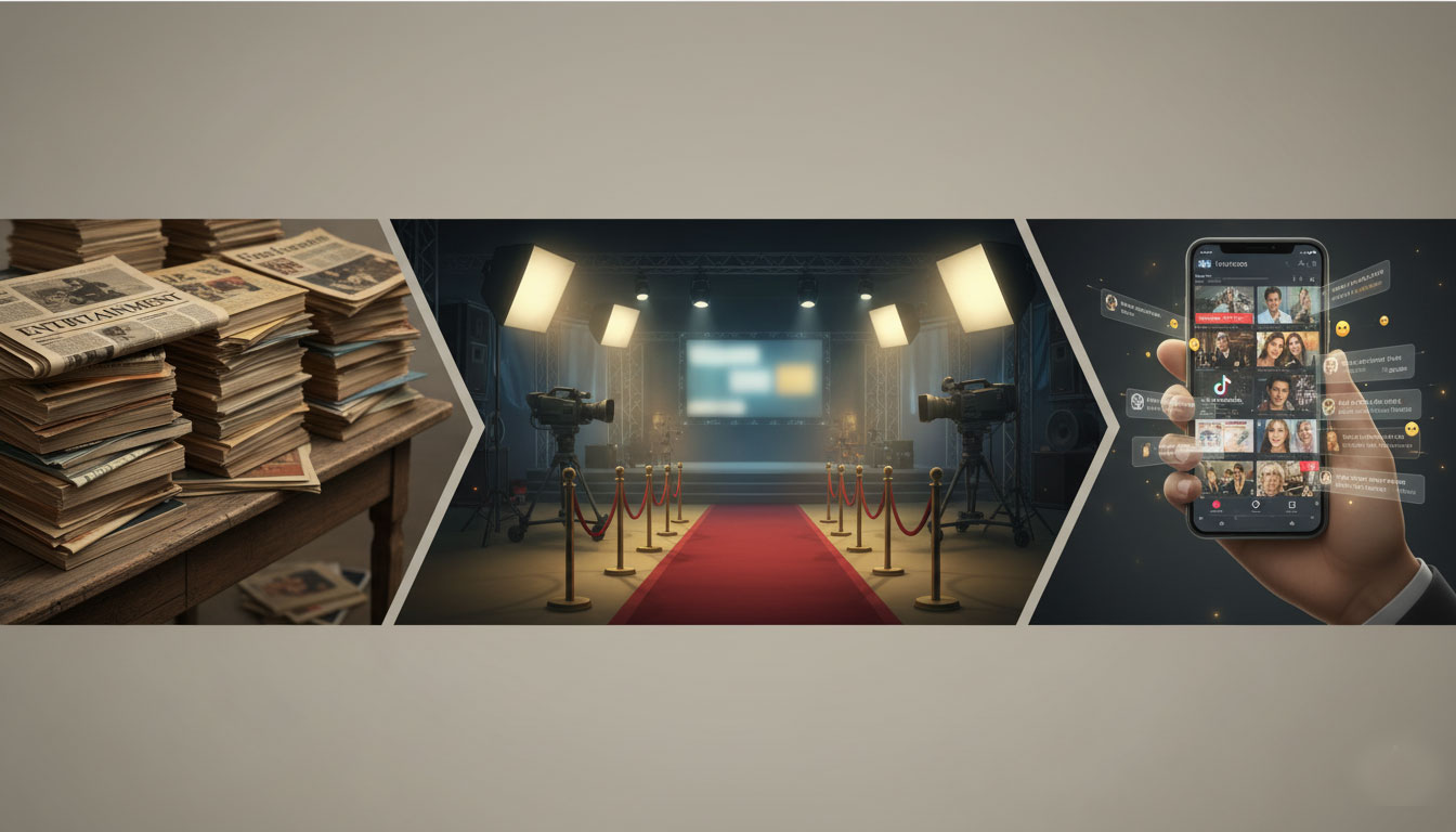 n editorial-style illustration depicting the evolution of entertainment journalism