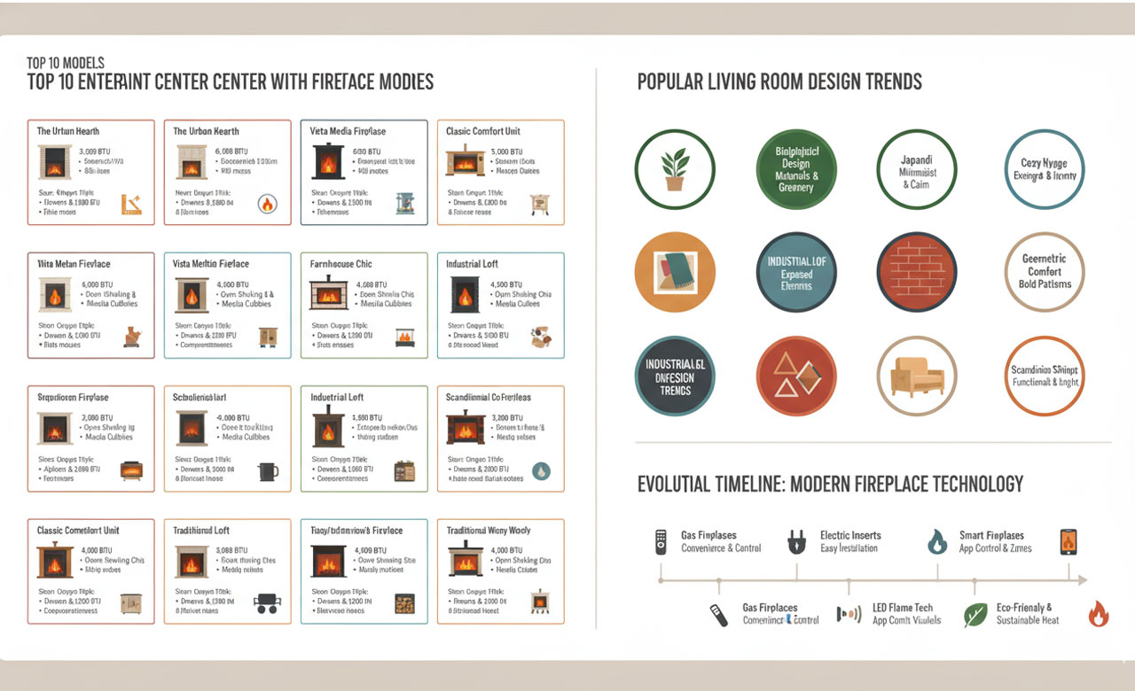 an infographic showing the top 10 entertainment center with fireplace models