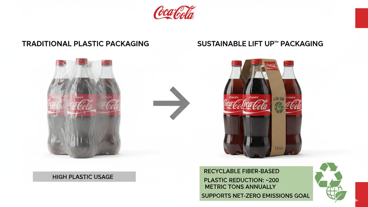 Traditional plastic shrink-wrap multipack vs. fiber-based Lift Up handle multipack