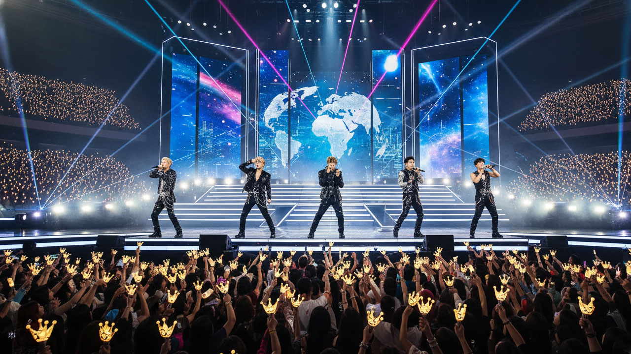 Depict BigBang performing on a global stage, with fans waving lightsticks