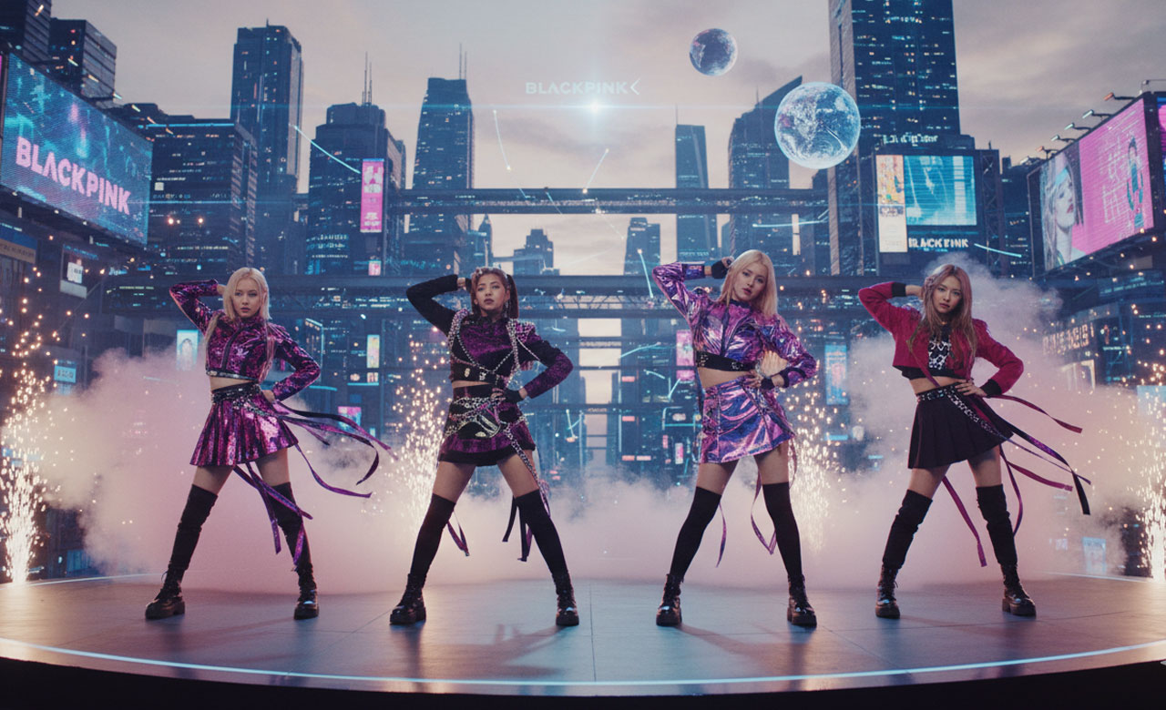 depict Blackpink in a stylish, cinematic music video scene